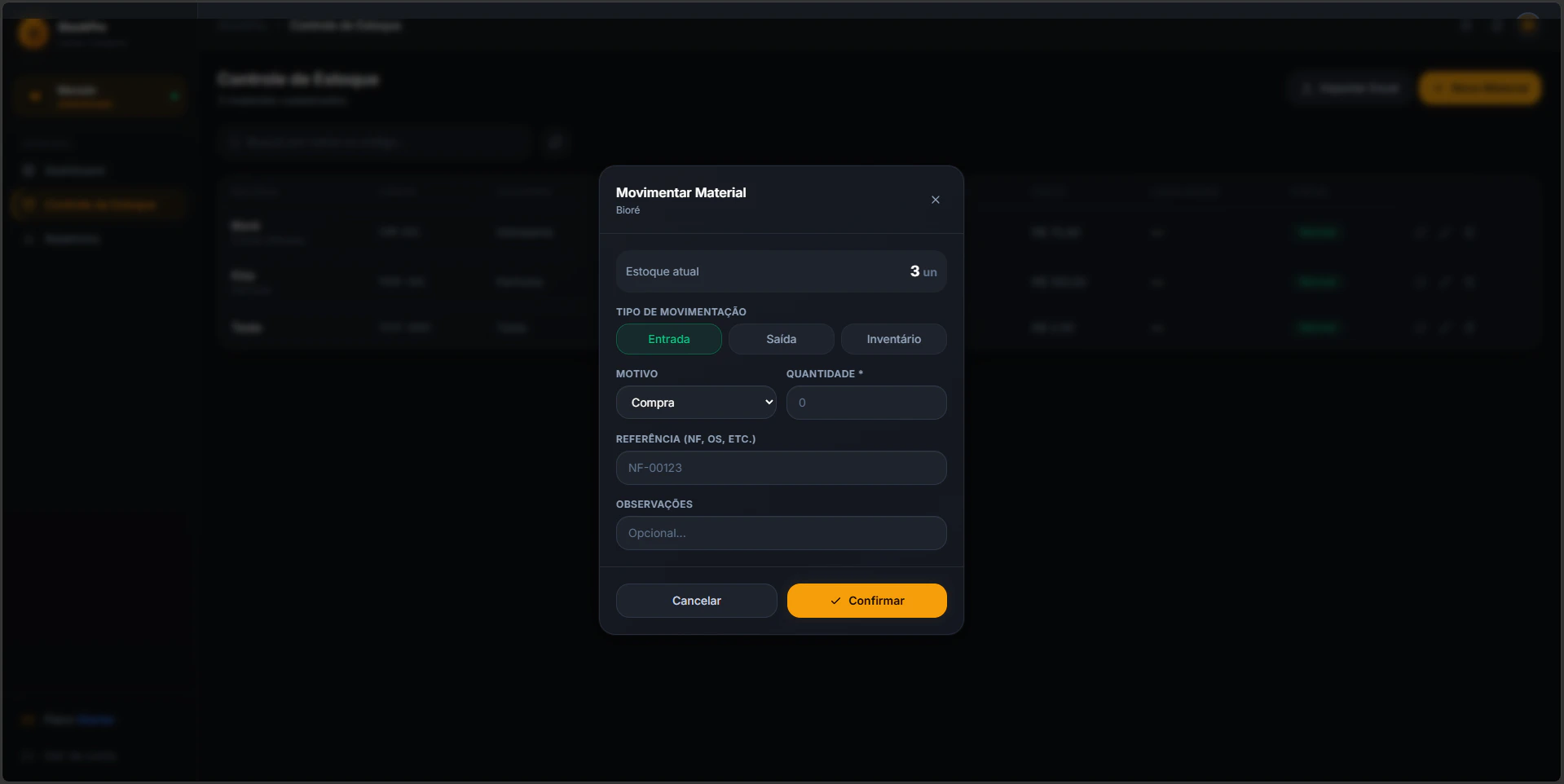 Modal Movimentar Material StockPro